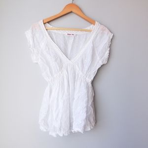 Johnny Was Floral White Eyelet Lace Babydoll Top